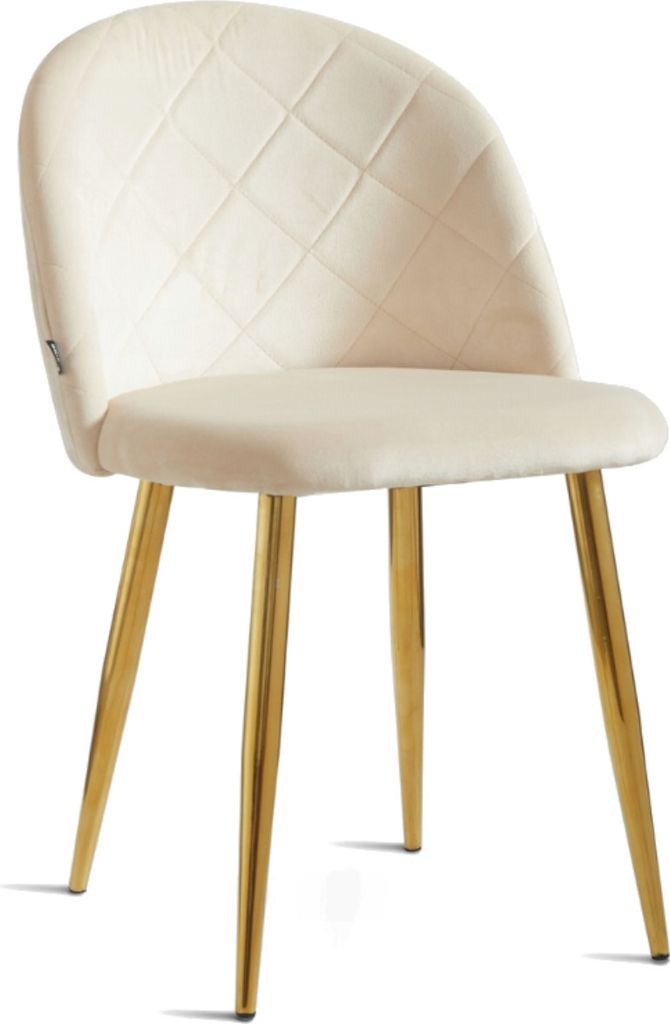 A single beige dining chair with gold metal legs, shown from the front.