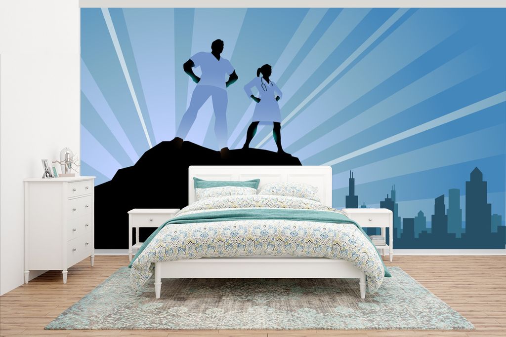 MuchoWow Fototapete für Wohnzimmer oder Schlafzimmer Wandtapete Vinyl Motivtapete Illustration von Ärzten als Superhelden für Kinder - 500x280...