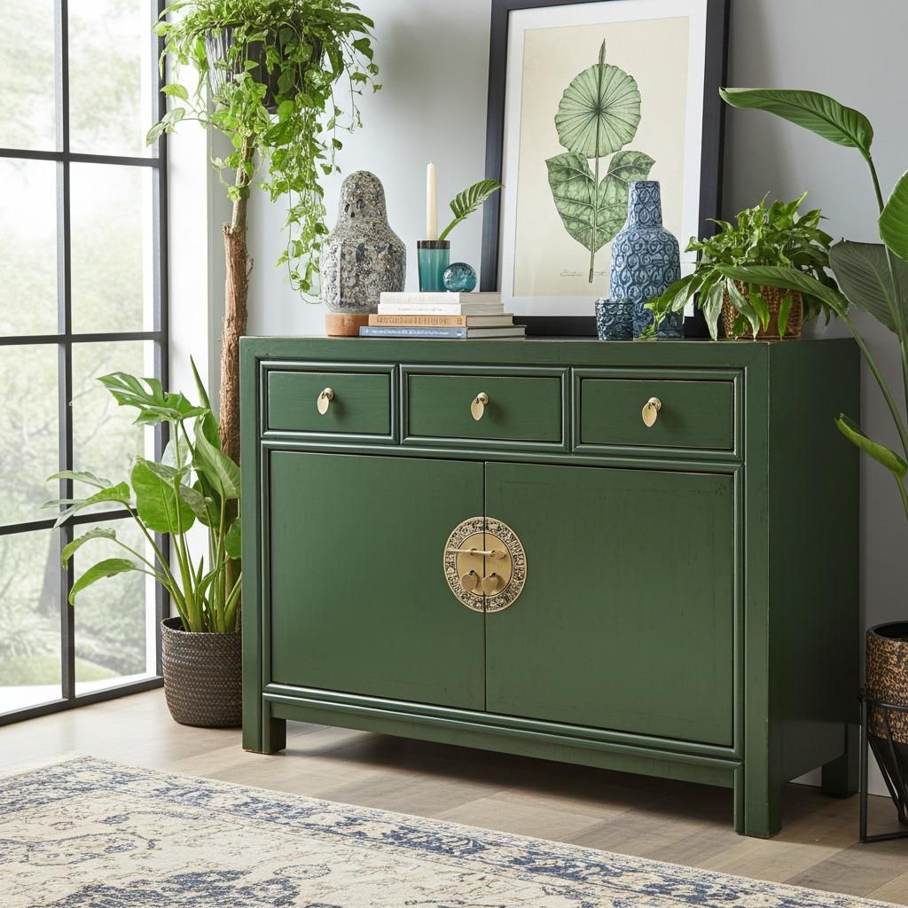 OPIUM OUTLET Chinesische Kommode Asia Sideboard orientalischer Schrank asiatische Vintage Möbel Anrichte Hochzeitsschrank komplett montiert grün