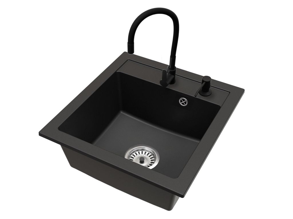 Granitspüle Schwarz mit Armatur FLEX Schwarz, Siphon in Produktbild 