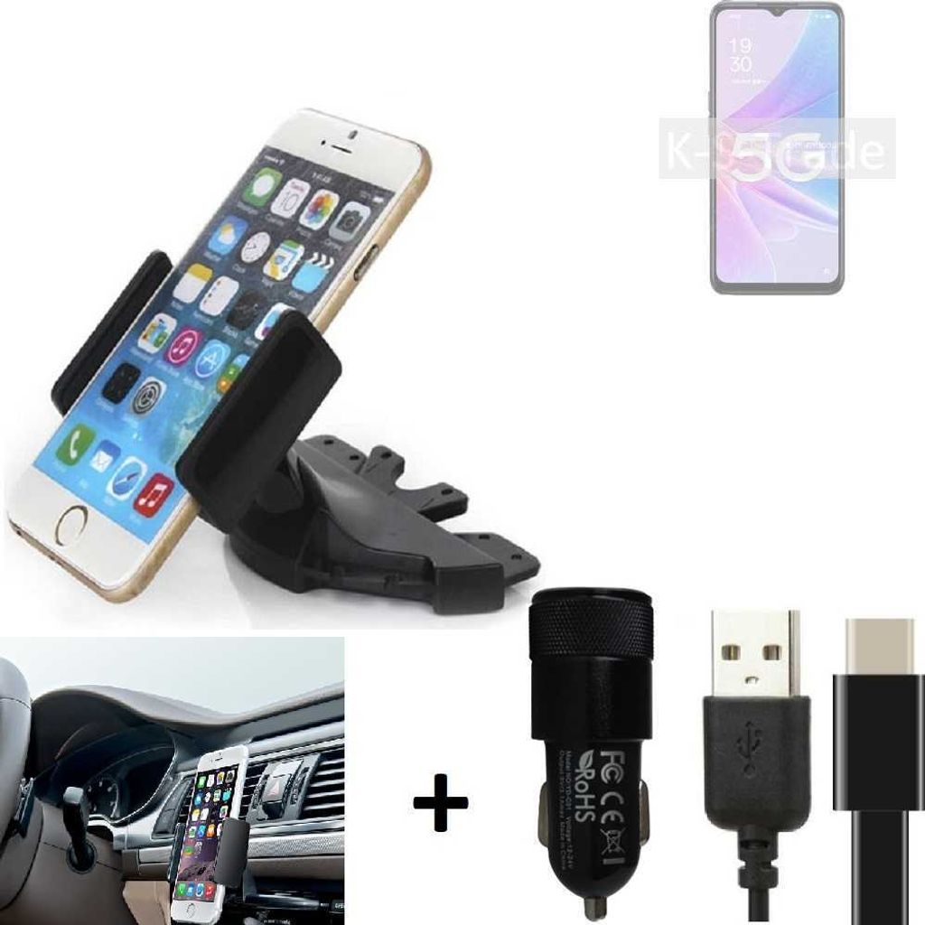 K-S-Trade CD Schlitz Handy-Halterung kompatibel mit Oppo A56s 5G Autohalterung KFZ-Halter Radio Handy Halterung 360° drehbar CD-Schacht inkl. USB-C