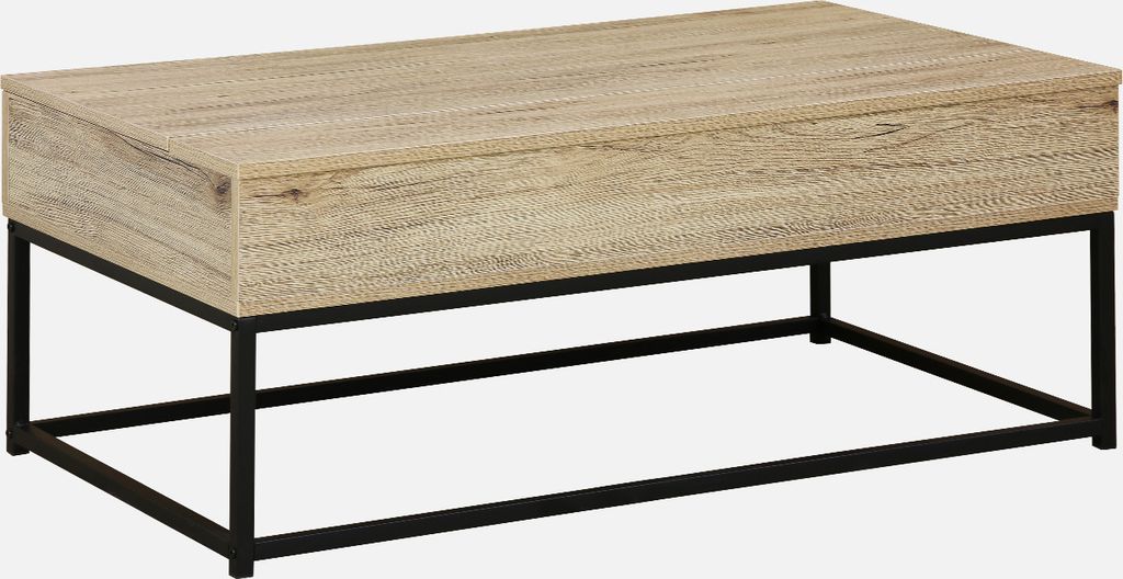A coffee table with a wood-effect top and black metal legs, shown against a white background.