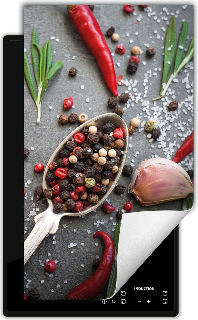 DarHaus Herdabdeckplatte 1 teilig 30x52 cm Anti Rutsch Matte Aufrollbar, Gewürze - Chilli