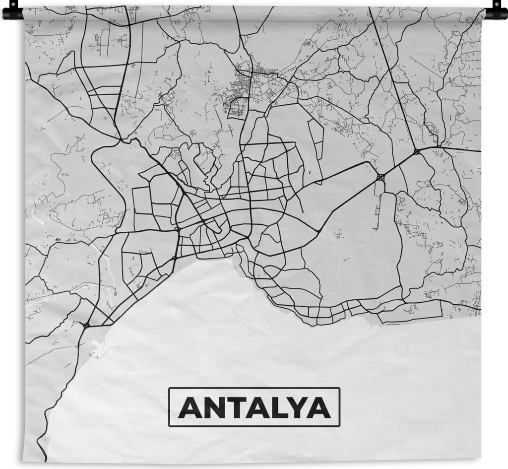 MuchoWow Wandteppich Wandbehang Antalya - Stadtplan - Schwarz und weiß - Karte 150x150 cm Tapisserie Dekoration Wandtuch - Wohnaccessoires - Mod...