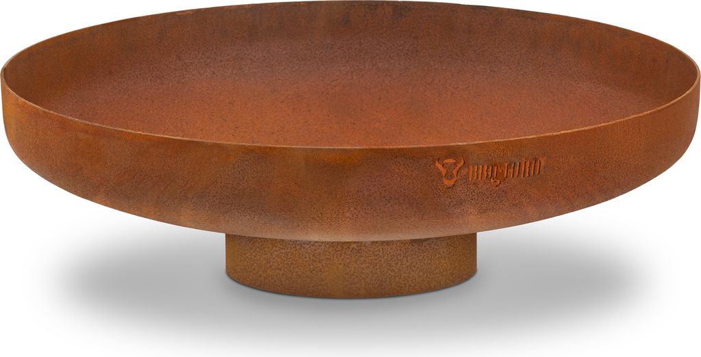 A rusty metal fire bowl on a stand, shown from a side angle against a white background.