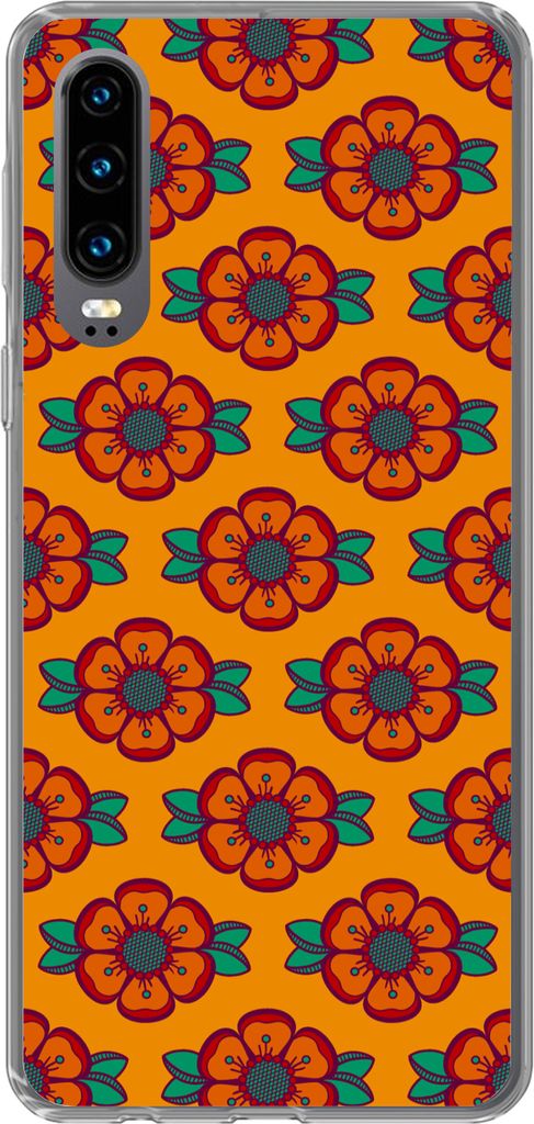 MuchoWow Handyhülle Schutzhülle Hülle für Telefoonhoesje Huawei P30 Design - Retro - Rosen - Orange Silikon Softcase Handy Hülle - Kartenbes...