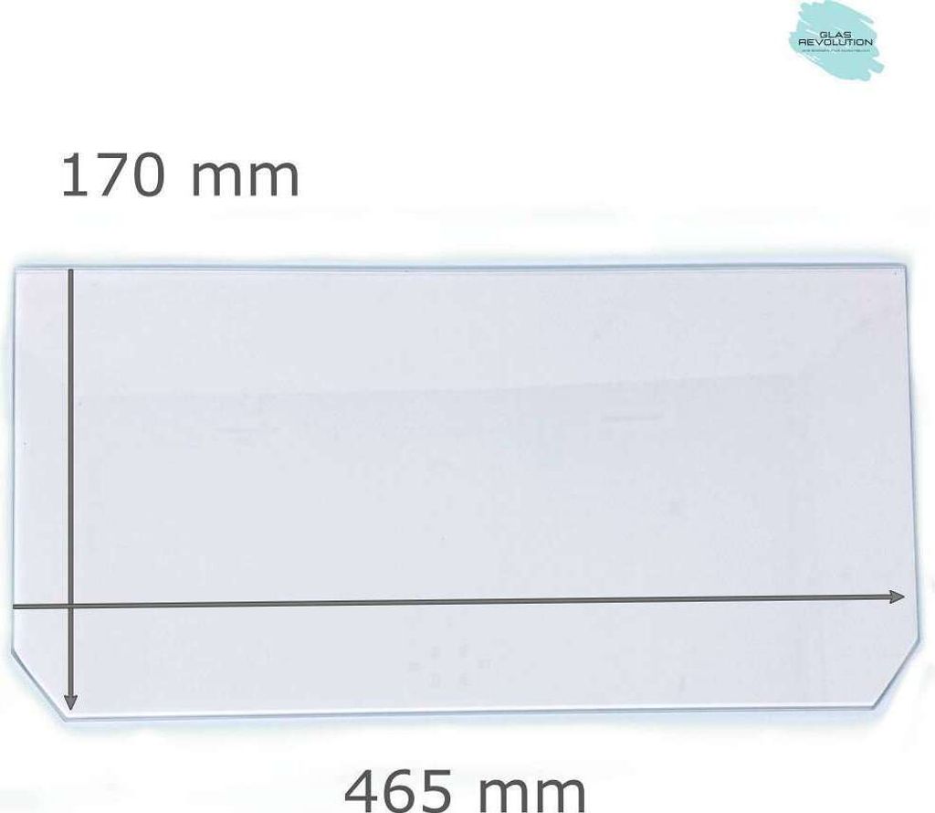 Kühlschrank Einlegeboden - Klarglas 4 mm - 2 abgeschrägte Ecken - 465 mm x 170 mm - (89,96 EUR / qm - Mindestbfl. 0,25 qm - Kantenb. 5,35 EUR / l...