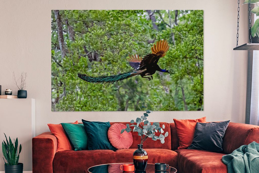 OneMillionCanvasses - Leinwandbilder - 150x100 cm, Pfau - Fliegen - Wald - Blau, Wandbilder Kunstdruck Wanddekoration