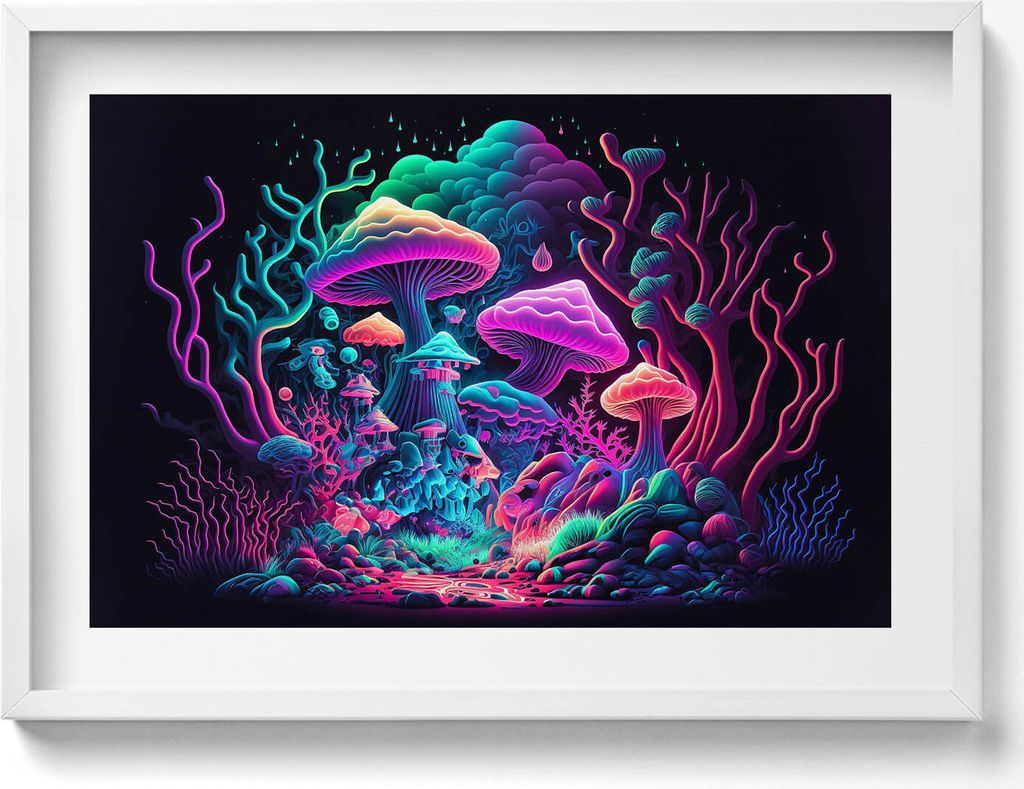 Neon-Pilze– Wandbild mit Rahmen – Gerahmtes Bild – Wanddekoration – 70x50 cm – Weiß Rahmen