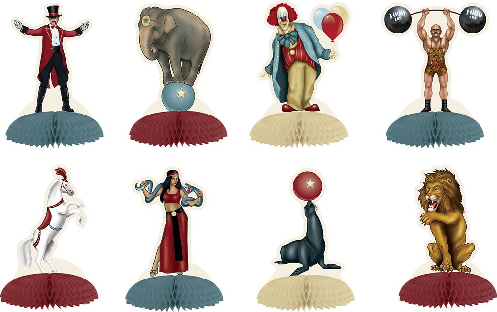 A collage of circus-themed table decorations on a white background.