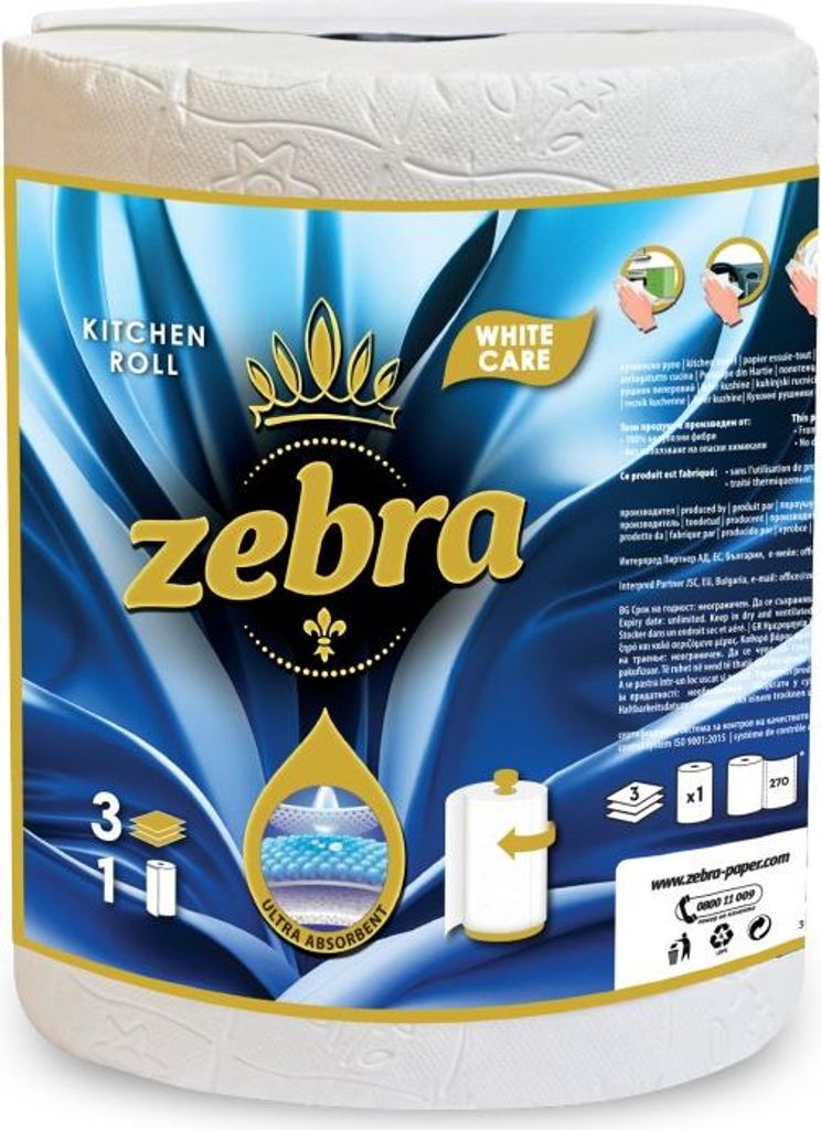 ZEBRA Küchenrolle White Care 100% Zellstoff, 3-lagig, 270 Blätter je Rolle (24 x 22,5 cm), Rollenlänge 65 m