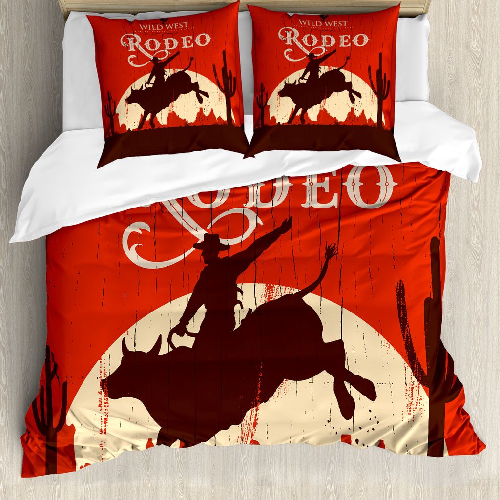 ABAKUHAUS Jahrgang Bettbezug, Rodeo-Cowboy reitet Bull, Milbensicher Allergiker geeignet mit Kissenbezügen, 200 cm x 200 cm - 80 x 80 cm, Orange B...