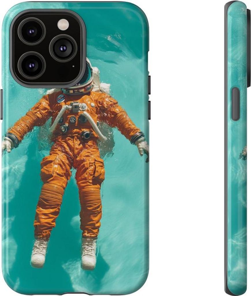 Schwebender Astronaut im orangefarbenen Anzug auf türkisfarbenem Wasser – Hülle Kompatibel mit iPhone 14 Pro Max