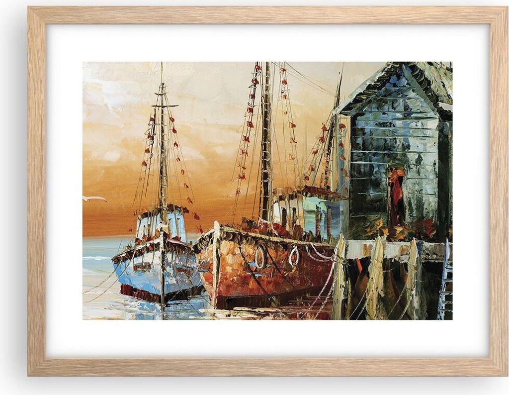 Gerahmtes Poster - Rahmen in heller Eiche - Kutter Hafen Öl - 40x30 cm - Wand Bild - Wanddeko - Wandbilder - Kunstposter - Wandposter - Bilderrahm...
