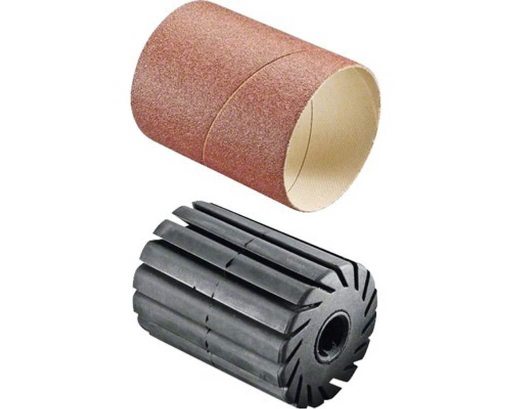 A sanding sleeve and a rubber drum are shown against a white background.