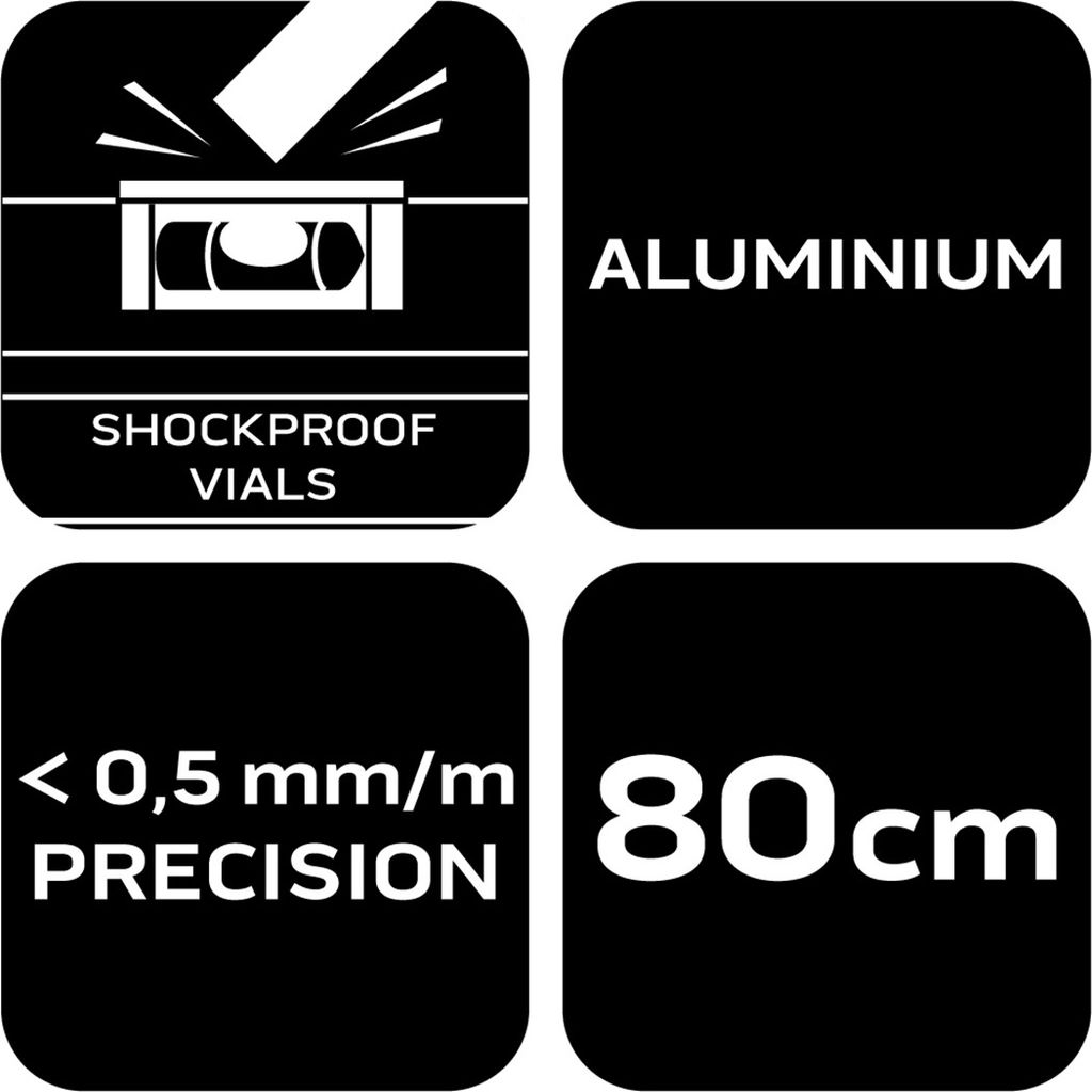 NEO TOOLS Wasserwaage Aluminium, 0,5 mm/m 40, 60, 80, 100, 120, 150, 200 cm Wasserwaage mit Anti-Schock-Aufsatz - 80 cm