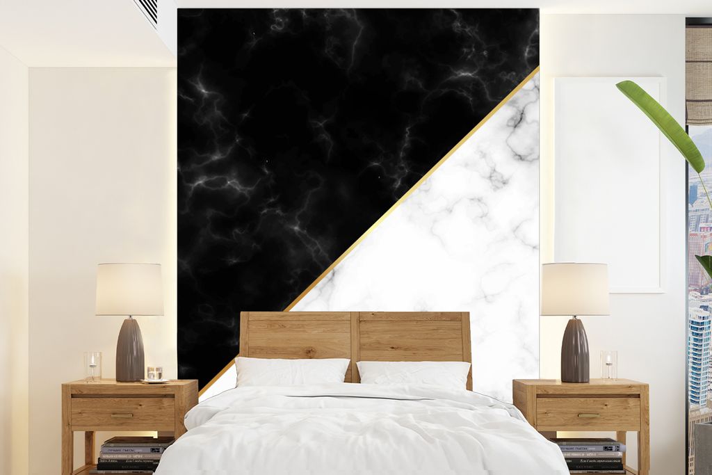 MuchoWow Fototapete für Wohnzimmer oder Schlafzimmer Wandtapete Vinyl Motivtapete Marmor - Weiß - Schwarz - Gold - 160x220 cm - Bildschirmhinte...