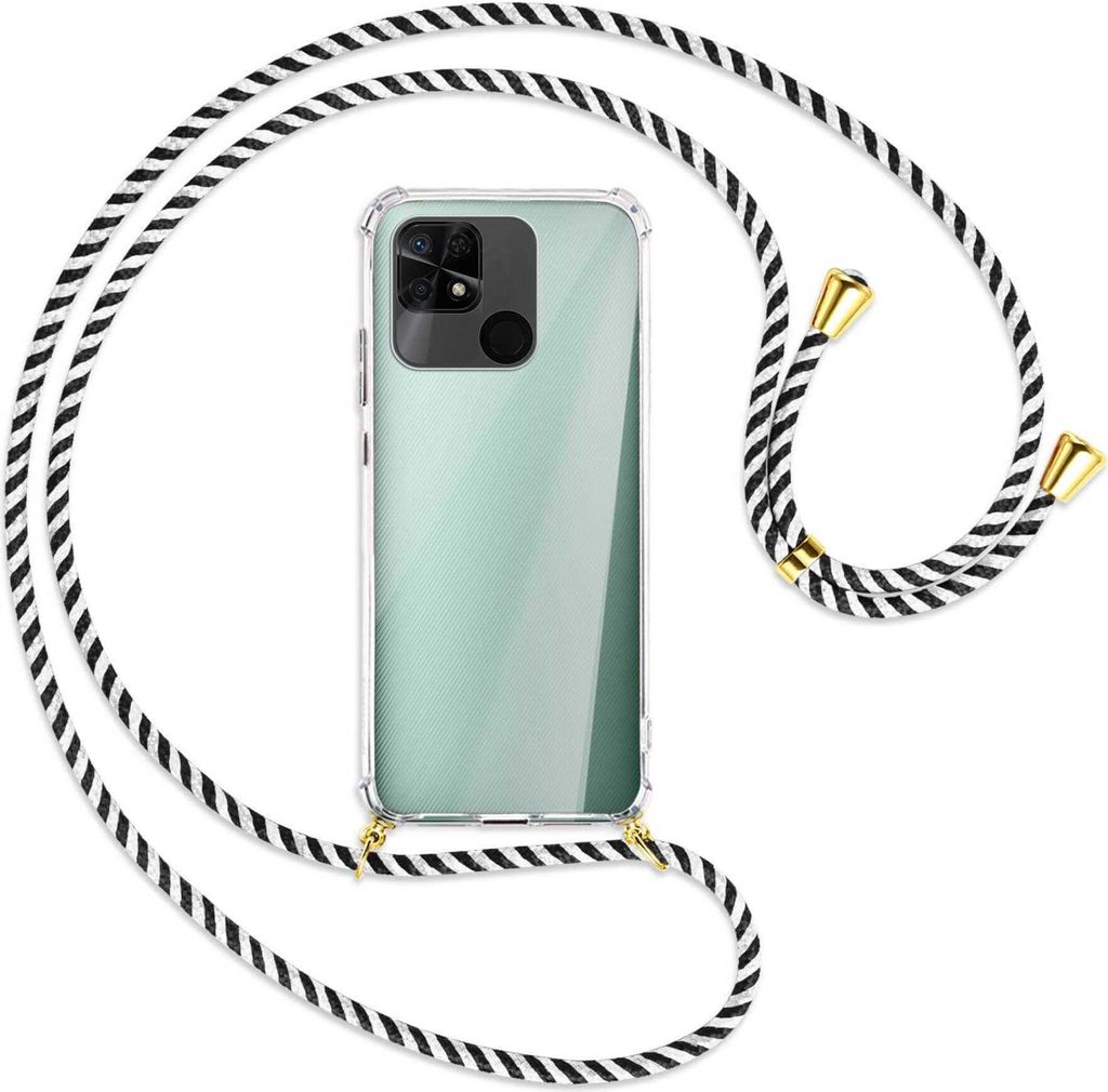 Handykette Backcover-Schutzhülle mit Band (Metall goldfarben) für Xiaomi Redmi 10C - schwarz/weiß gestreift