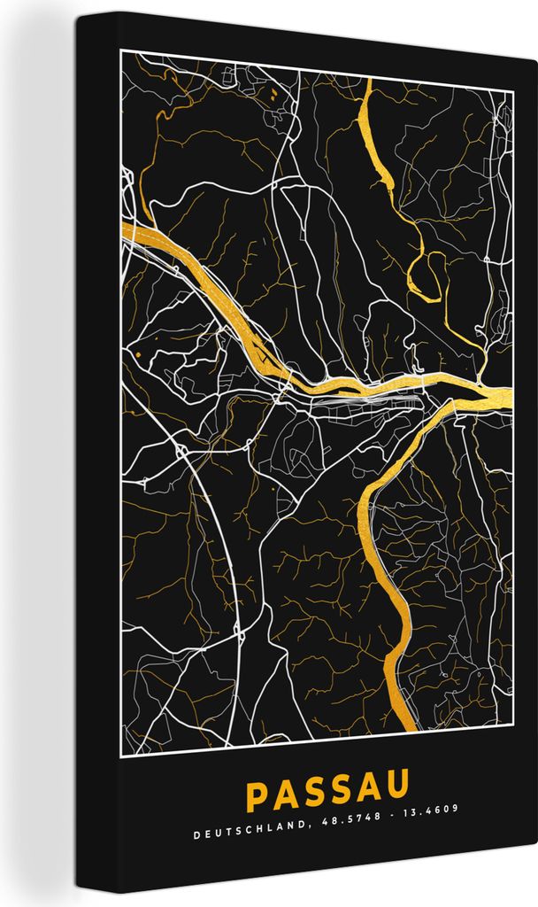 OneMillionCanvasses - Leinwandbilder - 90x140 cm, Stadtplan - Deutschland - Gold - Passau - Karte, Wandbilder Kunstdruck Wanddekoration - Foto au...