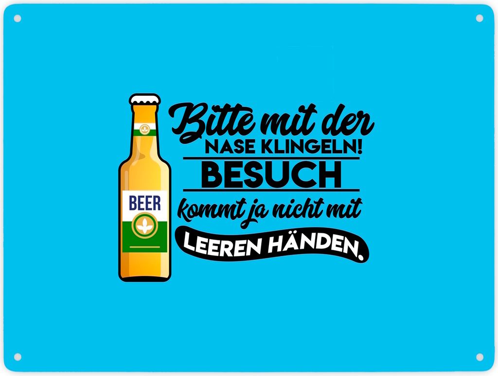 Bitte mit der Nase klingeln Metallschild XXL in 28x38 cm in blau mit Biermotiv
