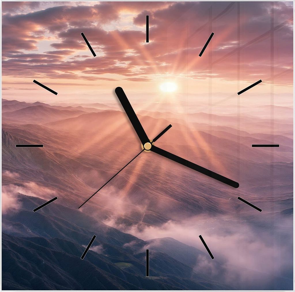 Wanduhr aus Glas mit Motiv Sonnenaufgang Berge- 30 x 30 cm - inkl. Aufhängesystem