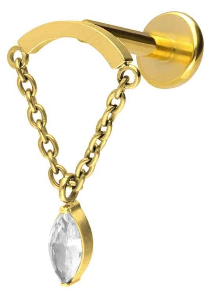 Ohrpiercing, Nasenpiercing Titan Labret mit Push Fit BOGEN + KETTE + KRISTALLTROPFEN Gold Stablänge: 10mm | Stabstärke: 1,2mm | Discgröße: 11,5...