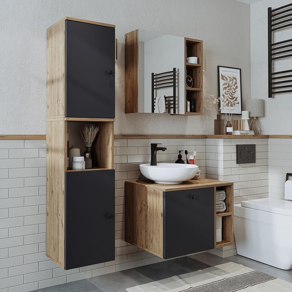 Roomart LOTUS-I-65 Badmöbel Set– 4-teiliges Badezimmermöbel Set - Waschbeckenunterschrank mit Keramikwaschbecken, Spiegelschrank & Hochschrank ...