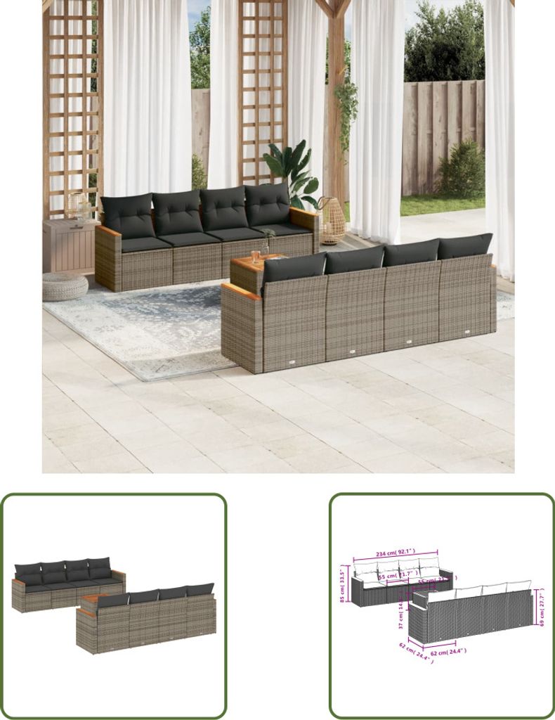 The Living Store 9-tlg. Garten-Sofagarnitur mit Kissen Grau Poly Rattan