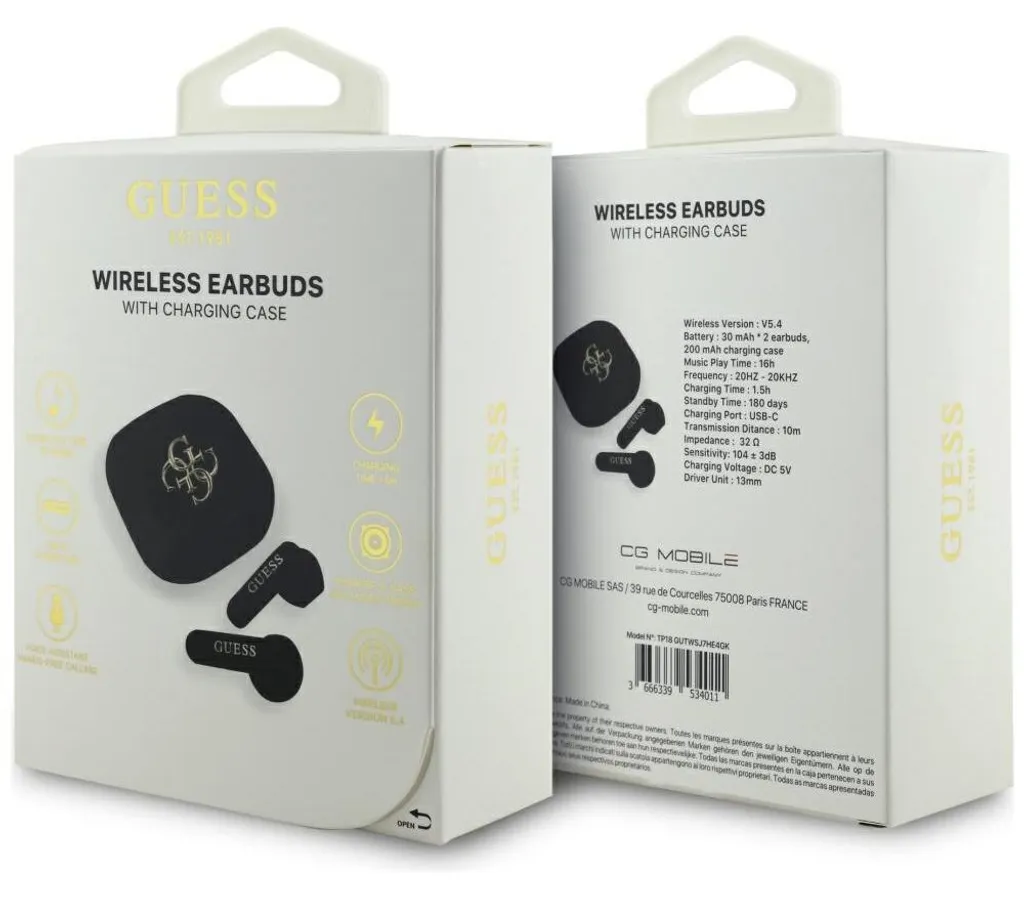 Écouteurs Bluetooth Guess True Wireless avec boîtier chic noir