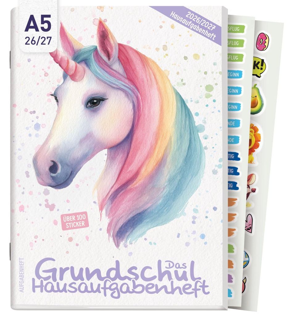 Das Grundschul-Hausaufgabenheft 2026/2027 / A5 / Einhorn / Produktbild 