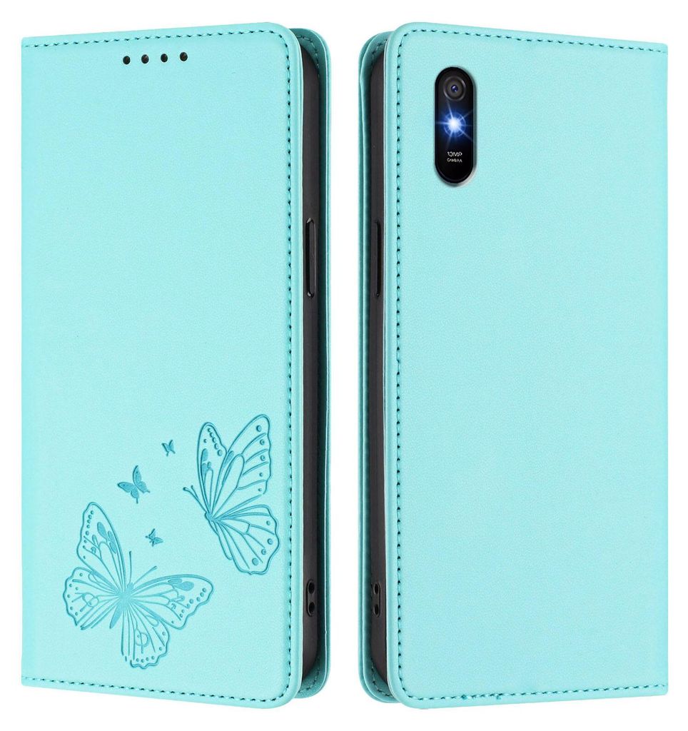 Lederhülle für Xiaomi Redmi 9A, Schmetterling Prägung Leder Brieftasche Schutzhülle mit Ständer Türkis