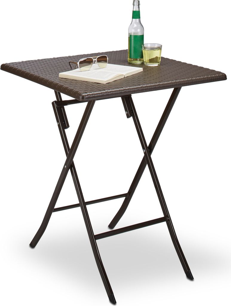 Relaxdays Gartentisch klappbar BASTIAN, quadratisch H x B x T: 74 x 61,5 x 61,5 cm, Metall, Kunststoff, Rattan-Optik, braun
