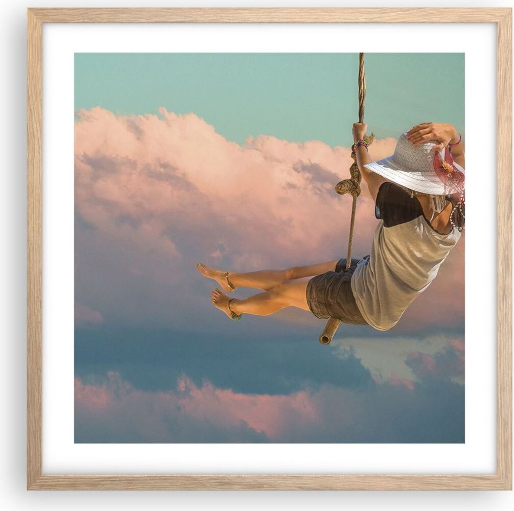 Gerahmtes Poster - Rahmen in heller Eiche - Schaukeln Seil Himmel - 50x50 cm - Wand Bild - Wanddeko - Wandbilder - Wandposter - Bilderrahmen - Bild...