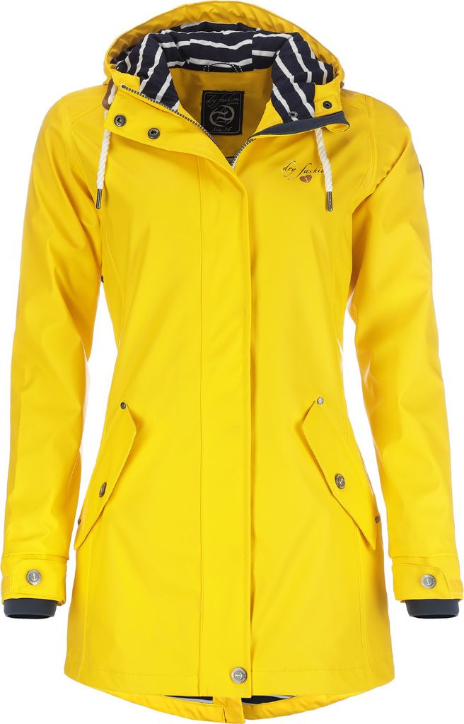 Dry Fashion Damen Regenmantel Kiel - Frauen Regenjacke Damen Jacke mit verstellbarer Kapuze Lang Winddicht Wasserdicht in Gelb Größe 44
