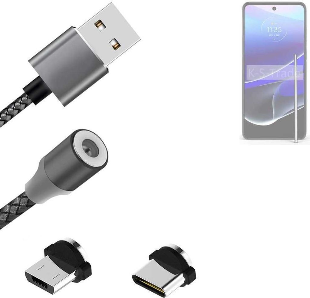 K-S-Trade Hochwertiges Magnet-Lade-kabel Sync-Kabel Daten-Kabel für Motorola Moto G Stylus 5G (2024) mit USB-Typ-C-Anschluss und Micro-USB-Anschluss