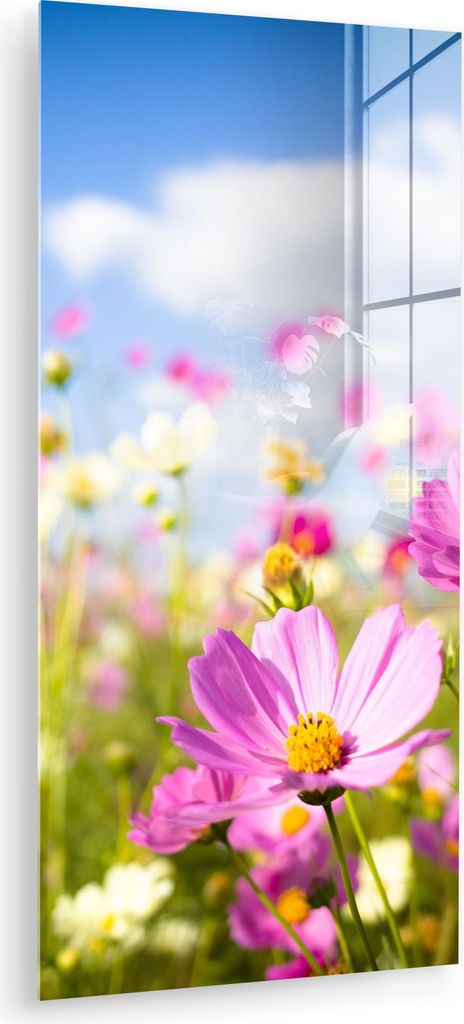 MuchoWow Glasbilder - Bilder auf Wandbild - Foto auf Glas Blumen - Wiese - Lila - Gras - Weiß - Wolken - Blau 60x120 cm Wanddekoration aus Glas - ...