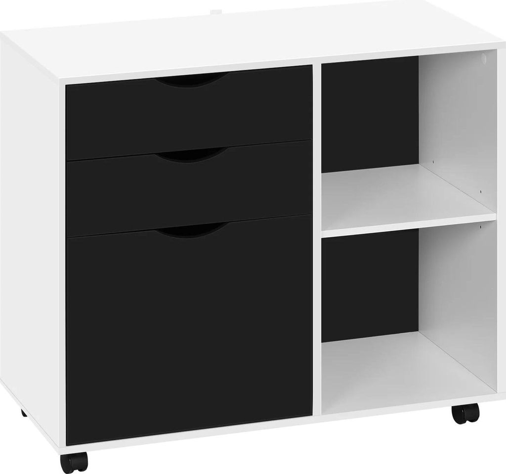 Rollcontainer - 3 Schubladen - Mit Rollen - Verstellbarer Hängeregisterrahmen - E1 Melamin - 80 x 69,5 x 39,5 cm - 50 kg - Weiß/Schwarz