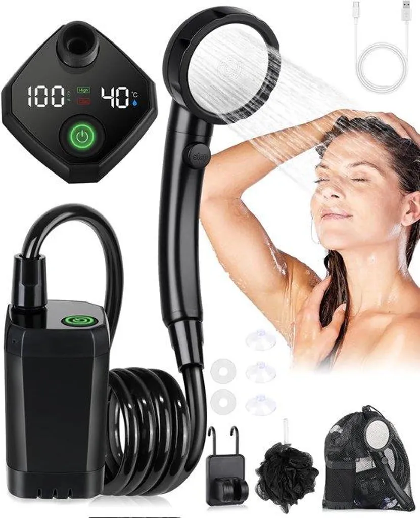 Douche de camping portable 6000 mAh noire - Douchette sans fil USB