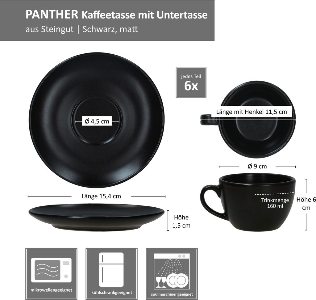 6er Set Panther Kaffeetassen mit Untertassen für 6 Personen Produktbild 5