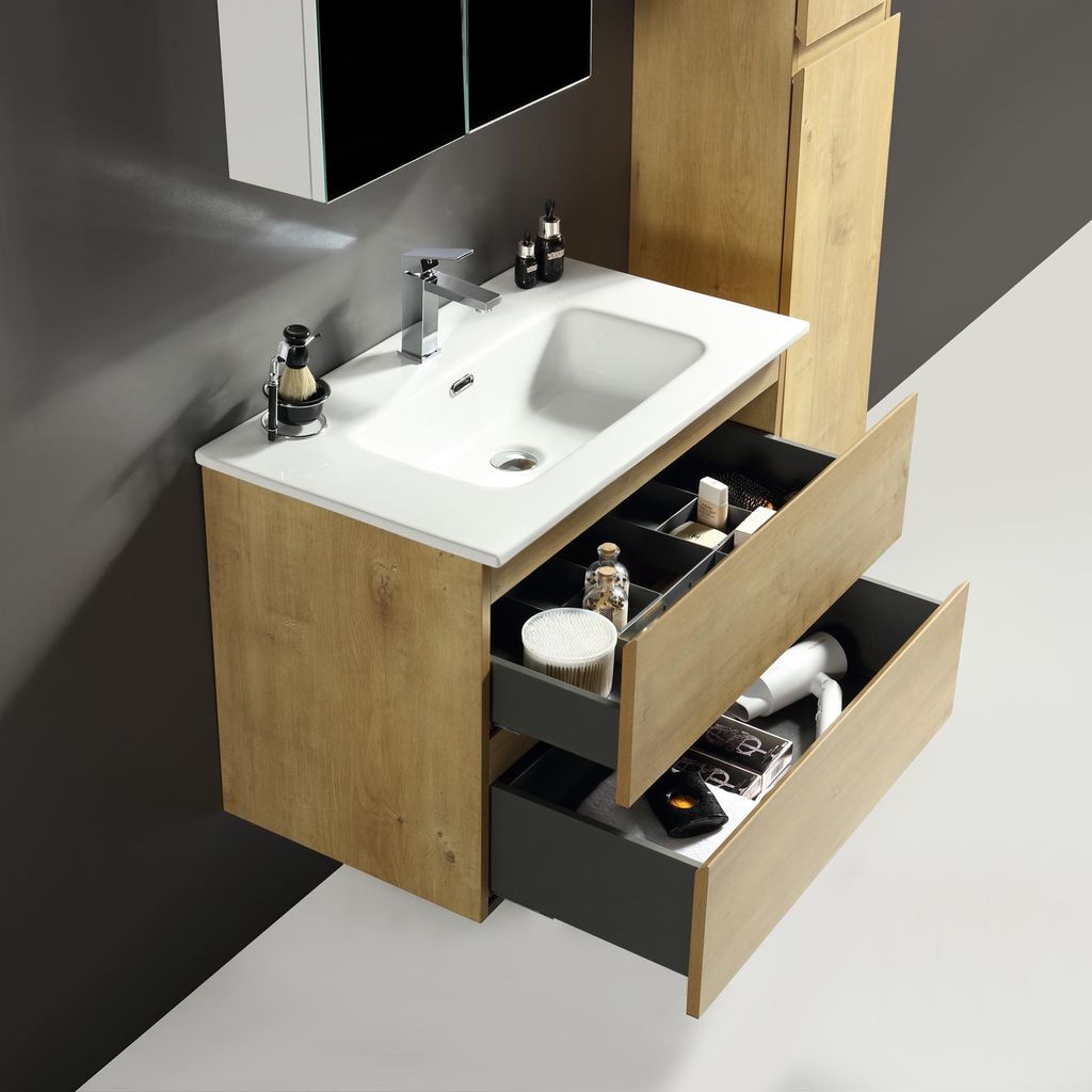 Alpenberger Waschbecken mit Unterschrank 80 cm Breit Eiche Natur | Aufsatzwaschbecken Waschbeckenunterschrank Waschplätze | Waschtisch Gäste WC M...
