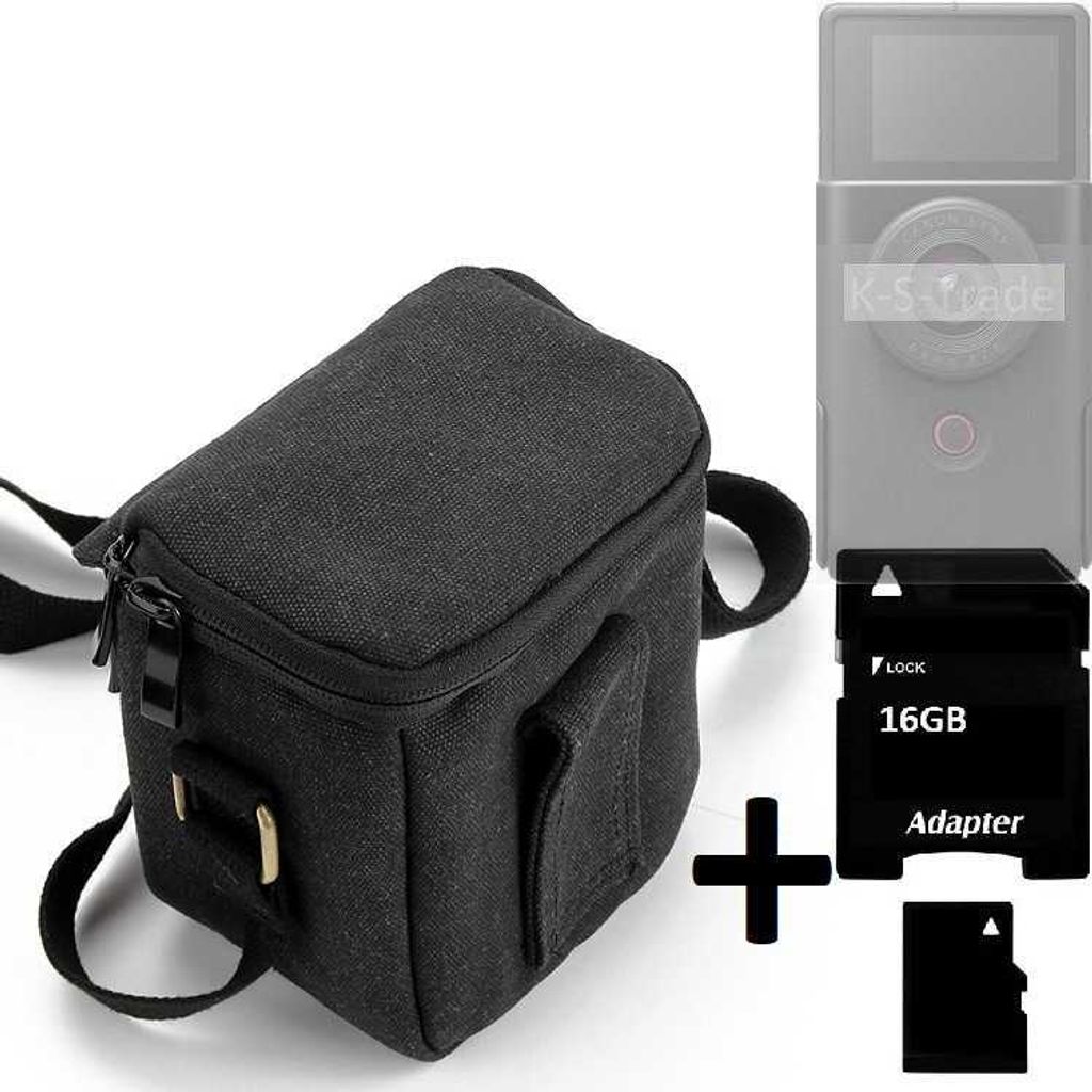 K-S-Trade Umhängetasche kompatibel mit Canon Power Shot V10 Schulter Tasche Tragetasche Kameratasche Fototasche + 16GB Speicherkarte schwarz