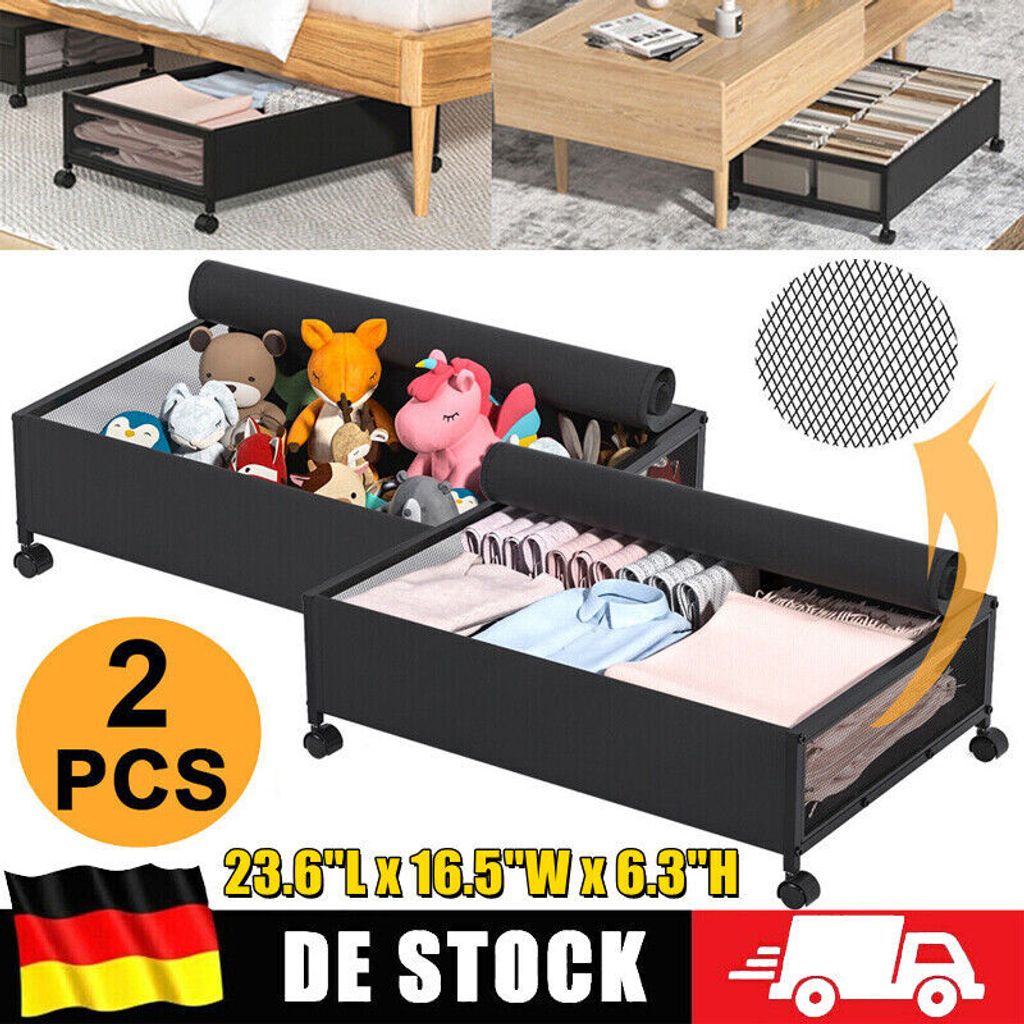 2er Pack Unterbettkommode Schwarz Unterbettbox Unterbett Aufbewahrung Kommode Aufbewahrungsbehälter mit Rädern&Decker