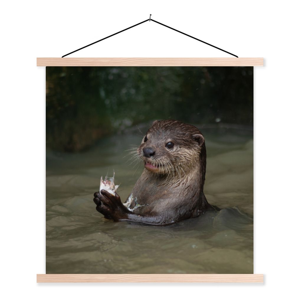 MuchoWow Textilposter Otter mit Futter im Wasser 40x40 cm mit holzfarbenen Rahmen - Posterleiste