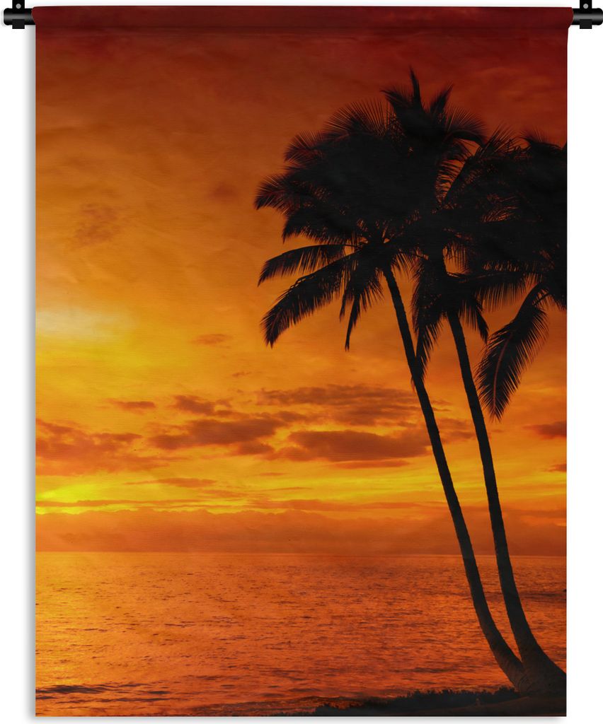 MuchoWow Wandteppich Wandbehang Palme - Sonnenuntergang - Tropisch - Orange - Meer 150x200 cm Tapisserie Dekoration Wandtuch - Wandaufhängung - ...