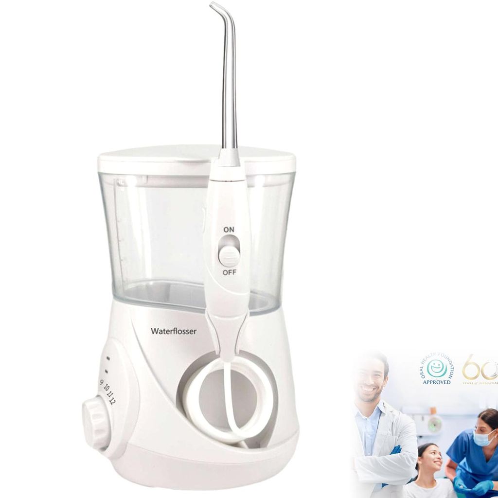 Elektrische Munddusche stationär, 700ml Wassertank, 10 Druckstufen, 6 Düsenaufsätze, Zahnreiniger mit Puls-Technologie, leise & effektiv