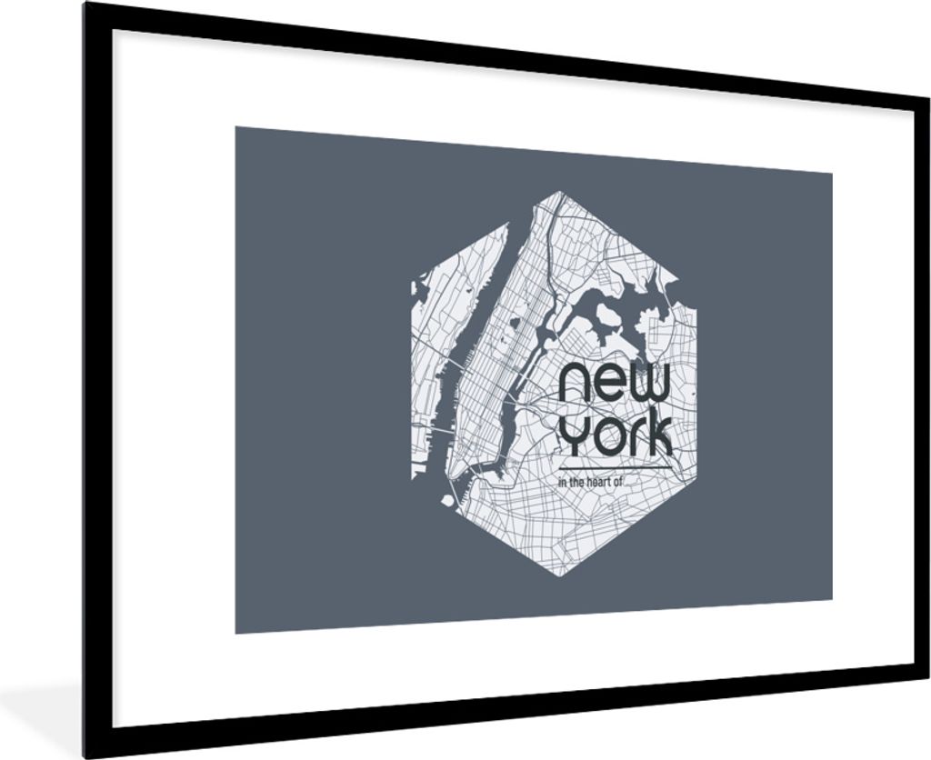 MuchoWow MuchoWow Gerahmtes Poster New York - Karte - Schwarz 90x60 cm - Poster mit zchwarzem Bilderrahmen - Wanddekoration - Fotos