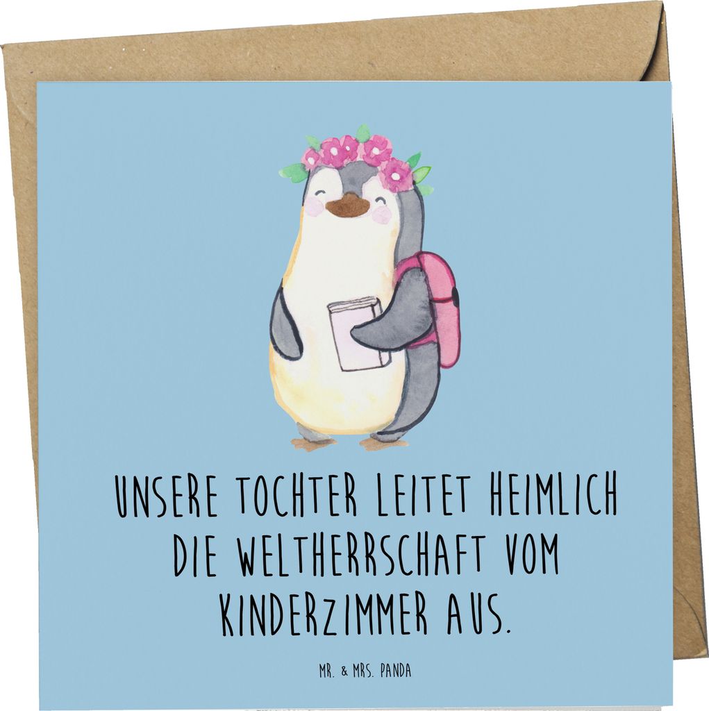 Mr. & Mrs. Panda Grußkarte Tochter Weltherrschaft - Blau Pastell - Geschenk, Kreativität, doppelkarte, Handarbeit, Familienmitglieder, Weihnachte...