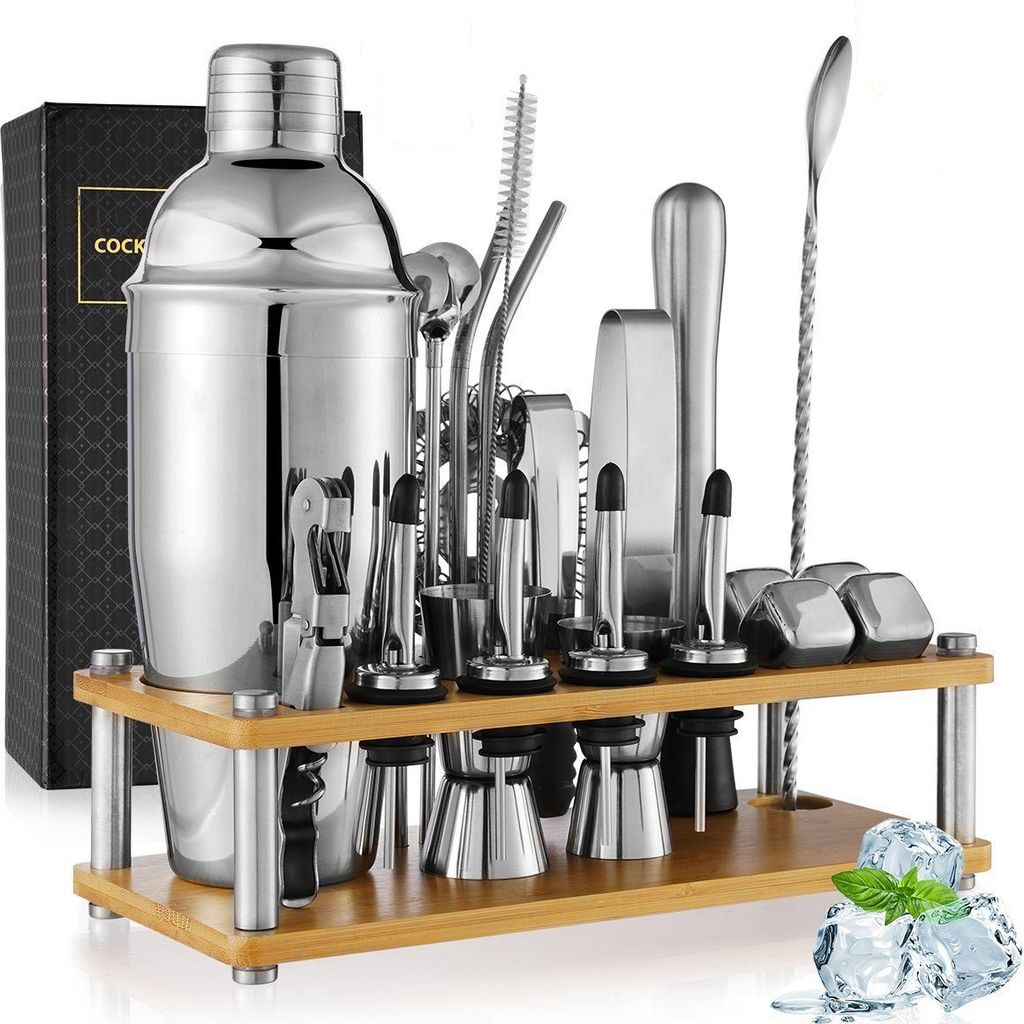 Barkeeper Set Cocktail Mixer, 23 teiliges Edelstahl Mixer Set mit Bambus Ständer, Messbecher und Rührer, 750ml Mixer Set für Zuhause oder die Bar