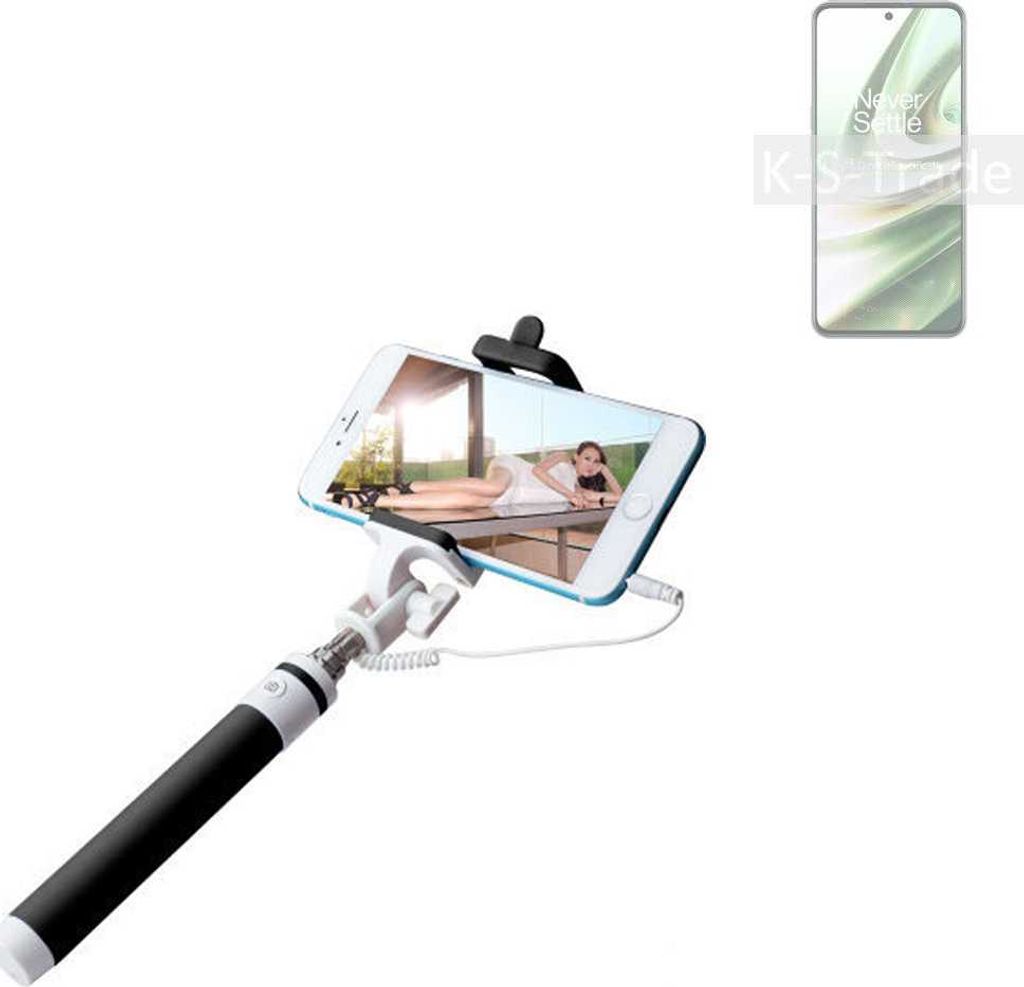 K-S-Trade Selfie Stick kompatibel mit OnePlus 10R 5G Selfiestick kabelgebunden Monopod mit Kabel Stab Stange Selfportrait Handheldstick schwarz 1x