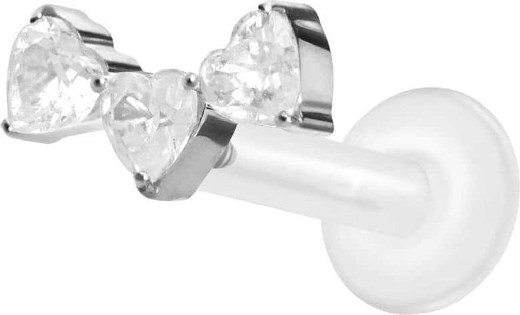 Ohrpiercing, Nasenpiercing PTFE Labret mit Innengewinde + Titan-Aufsatz 3 KRISTALLHERZEN Silber Stablänge: 8mm | Stabstärke: 1,6mm